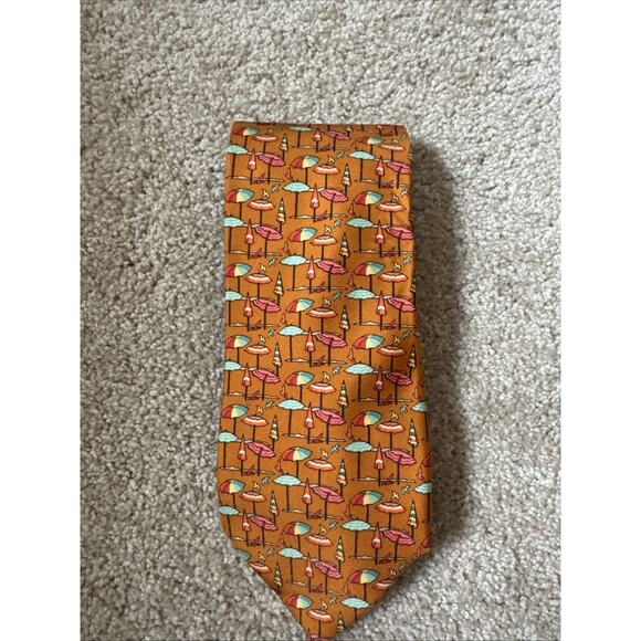 SALVATORE FERRAGAMO Tie Beach Umbrella Seagull Print Summer Vacation Orange - Picture 1 of 4